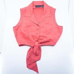 Coral Silk Sleeveless Button Down Blouse w/ Tie